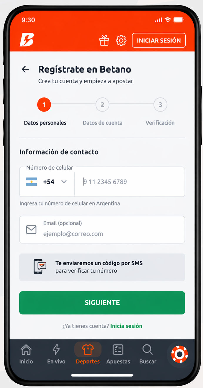 Formulario de registro Betano paso 1 datos personales app Argentina