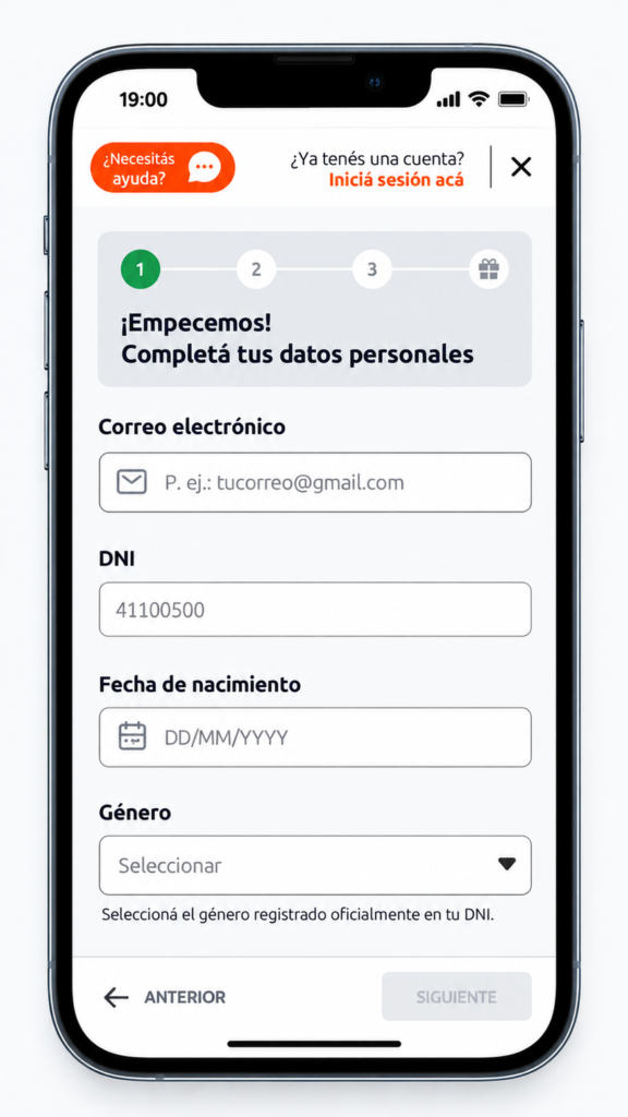 Formulario de registro de Betano, paso 1
