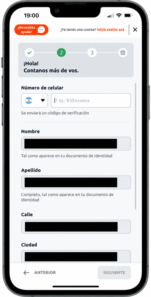 Formulario de registro de Betano, paso 1
