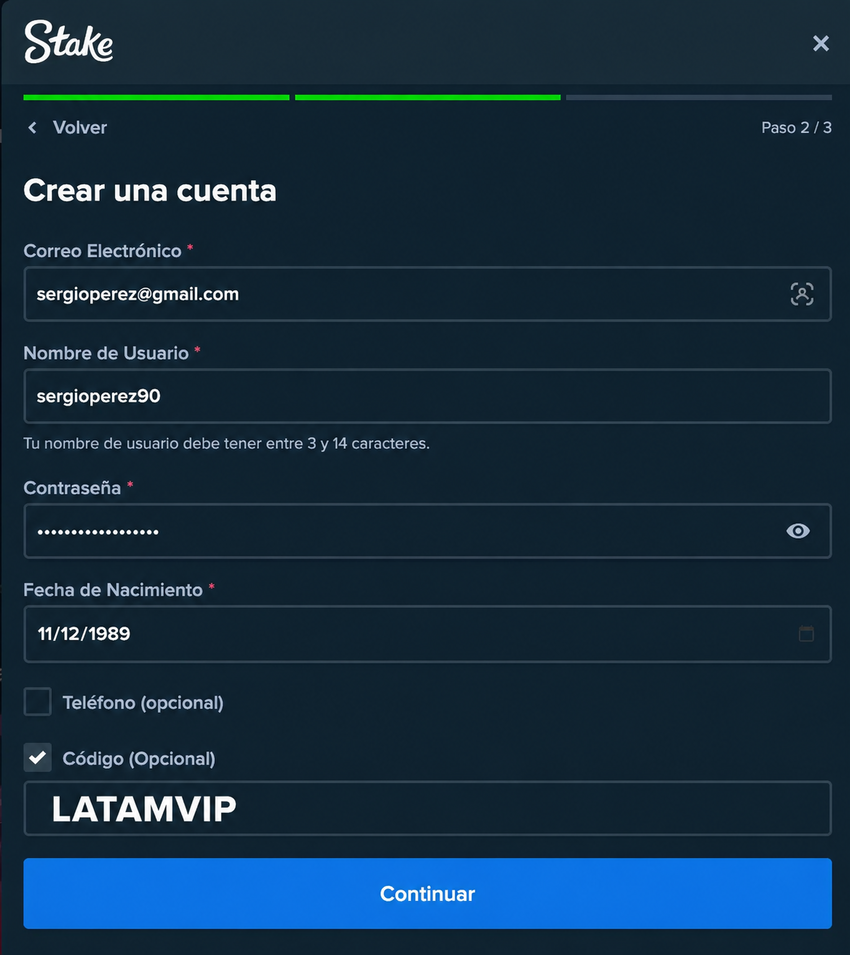 Formulario de registro en Stake con el c&oacute;digo LATAMVIP