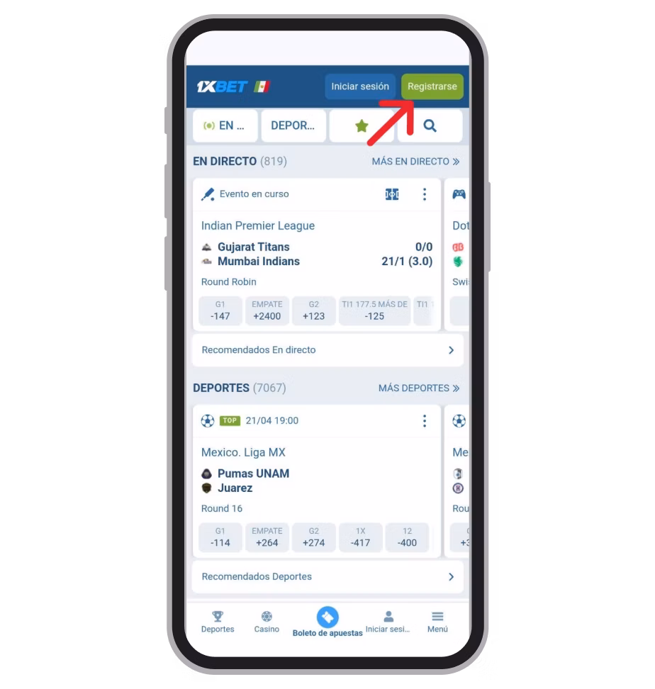 App 1xbet formulario de registro
